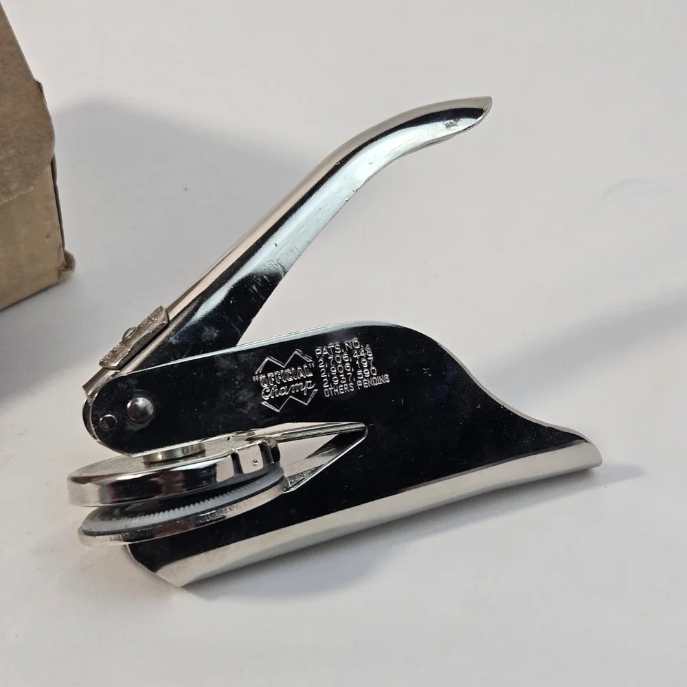 Vintage Official Champ Pocket Seal Embosser Library of MCM Christel Narin Chrome